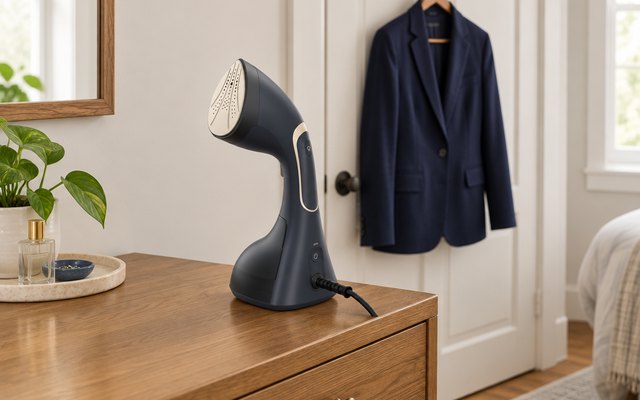 BEAUTURAL 2-in-1 steamer and iron, standing upright on a wooden bedroom dresser, a navy blazer on a hanger on the closet door behind
