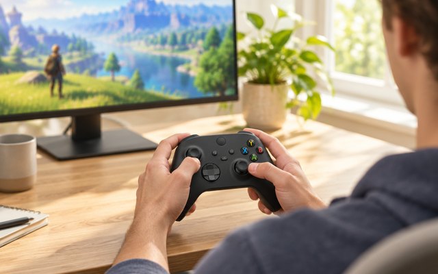 Xbox Wireless Controller, held at a sunny home office desk in front of a PC monitor