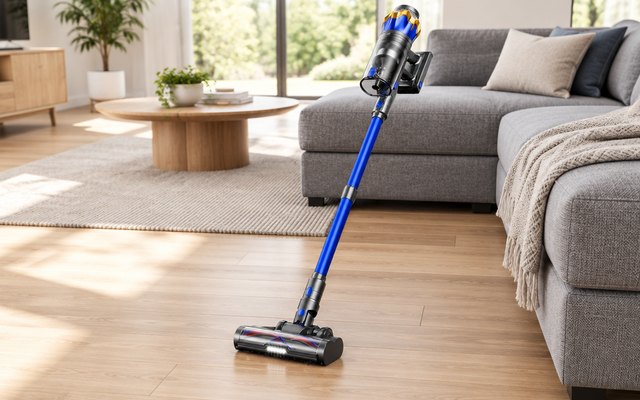JELLYPIG X100 stick vacuum, standing on light oak floors in a bright open-plan American living room beside a gray sectional
