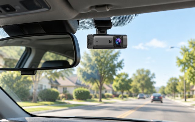 galphi Q2 dash cam, mounted high on the inside of a car's front window just behind the rear-view mirror, seen from the passenger seat, a sunny suburban street ahead