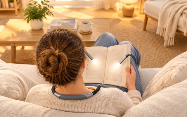 Gritin neck reading light around a reader's shoulders on a sofa, seen from behind