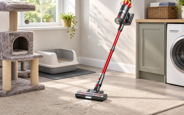 MOHOMO Nova V5 stick vacuum, on a low-pile rug beside a cat tree and a litter box corner in a sunny laundry room