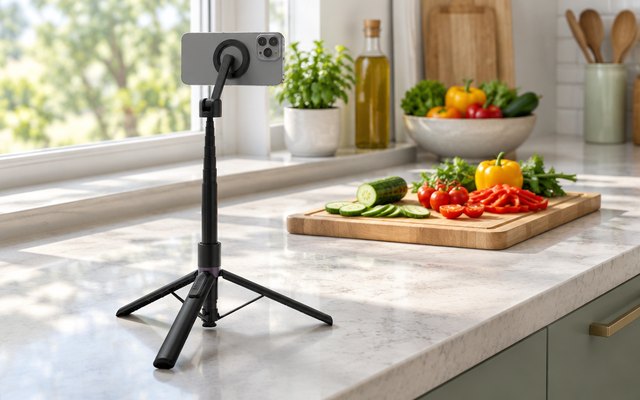 A magnetic phone tripod filming on a kitchen counter