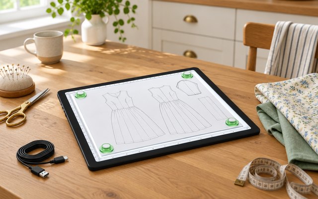 Phylosal magnetic light pad, on a kitchen table with a sewing pattern