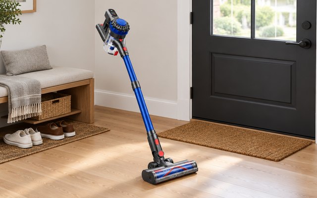 KARDV V06 stick vacuum, by the front door in an entryway with a bench and a few shoes on a mat