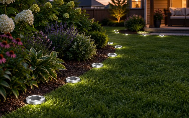 Peasur solar ground lights, along the edge of a flower bed in a suburban backyard at dusk