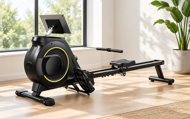 YPOO RM930 Magnetic Rowing Machine, rowing machine in a bright spare room with a large window and a plant, seen from the side