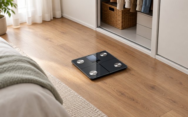 Ovutek smart scale, on a bedroom wood floor beside a closet