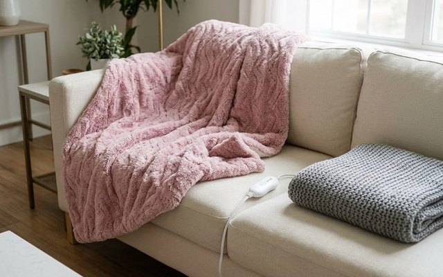 Pink heated throw spread over a cream sofa beside a grey knit blanket, its controller on the cushion