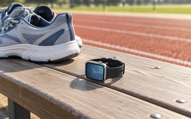 Slim black smartwatch on a bench beside running shoes