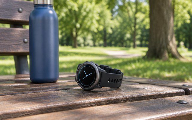 Round grey GPS smartwatch on a park bench beside a water bottle