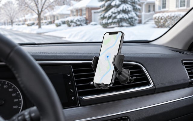 A clamp phone mount on a car air vent on a snowy day