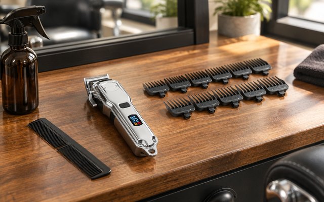 Silver cordless hair clipper on a wooden counter with a row of guide combs
