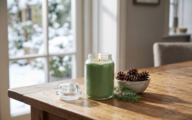 Lit glass jar candle of green wax on a wooden table with pine cones and a cedar sprig, snow outside the window