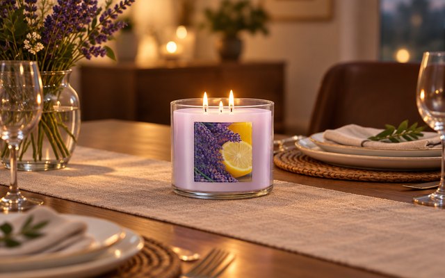 Yankee Candle Lemon Lavender 3-wick candle, in the middle of a dining table set for dinner