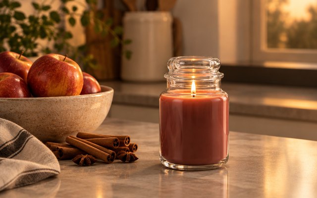 Yankee Candle Kitchen Spice jar candle, on a kitchen counter beside a bowl of apples and cinnamon sticks
