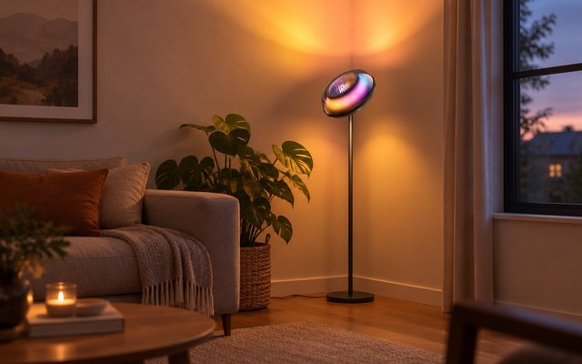 Govee Uplighter Floor Lamp, uplighter floor lamp standing in the corner of a cozy living room beside a sofa and a plant, glowing warm light washing up the wall