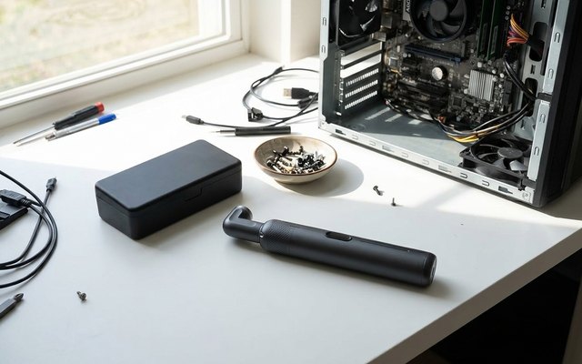 A slim dark grey cordless screwdriver with an angled head on a white desk by a sunny window, beside an open computer case and a dish of screws