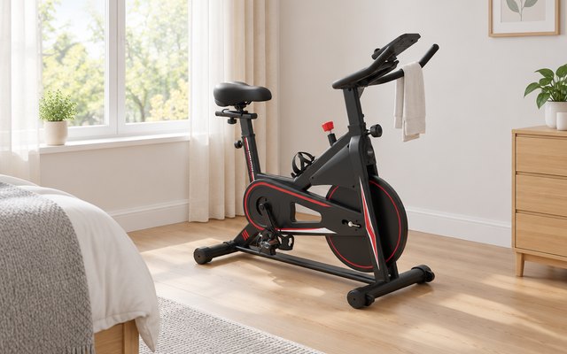DMASUN exercise bike, in a bright spare bedroom by a window, a towel over its handlebar