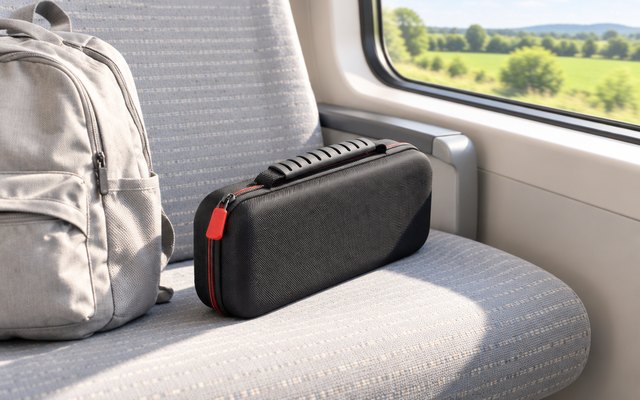 Game Traveler Deluxe case, on a train seat beside a backpack