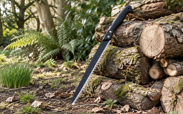 Saboten Japanese pruning saw, leaning against a log pile at the edge of a woodland garden