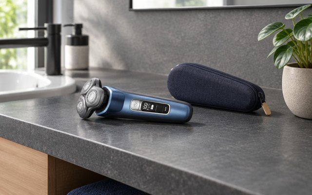 Metallic blue rotary shaver beside a navy travel pouch on a slate shelf