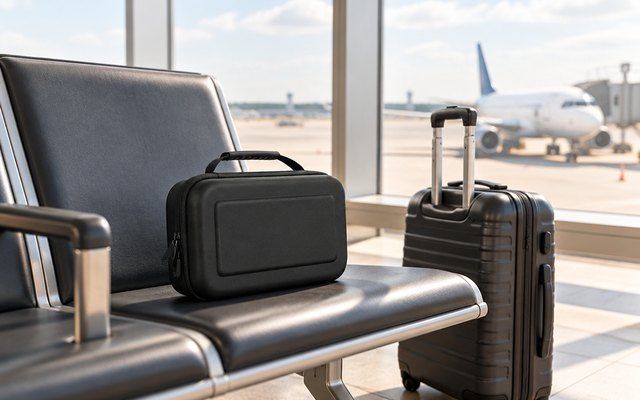 Orzly Switch 2 case, on an airport gate bench