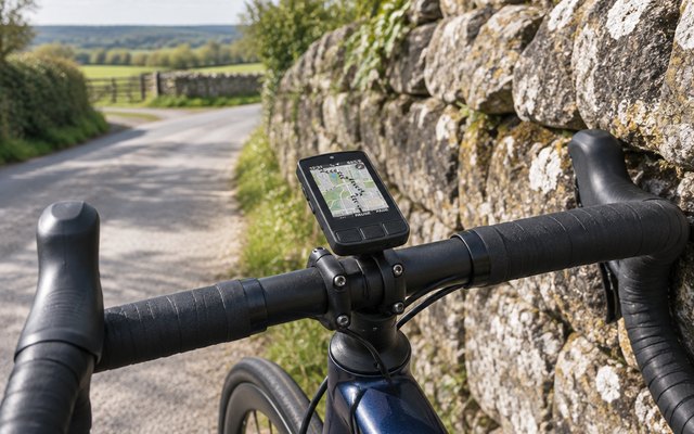 Bike computer, on an out-front mount on a road bike's handlebar, the bike leaning against a stone wall on a British country lane