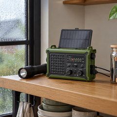 Mesqool CR1030 Emergency Weather Radio, emergency hand-crank weather radio on a wooden kitchen shelf next to a flashlight and a jar of batteries, a rainy window