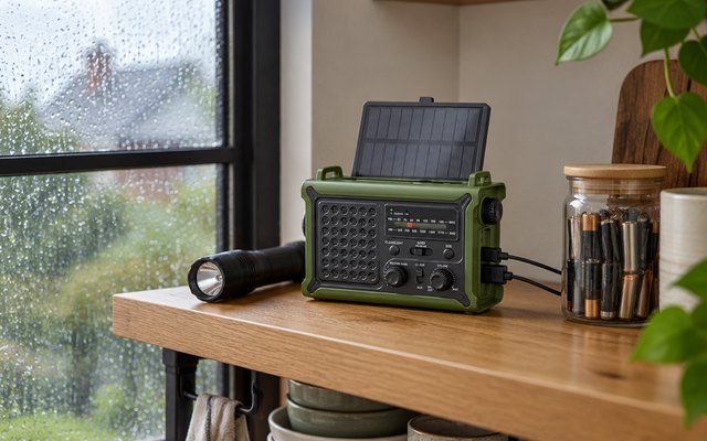 Mesqool CR1030 Emergency Weather Radio, emergency hand-crank weather radio on a wooden kitchen shelf next to a flashlight and a jar of batteries, a rainy window
