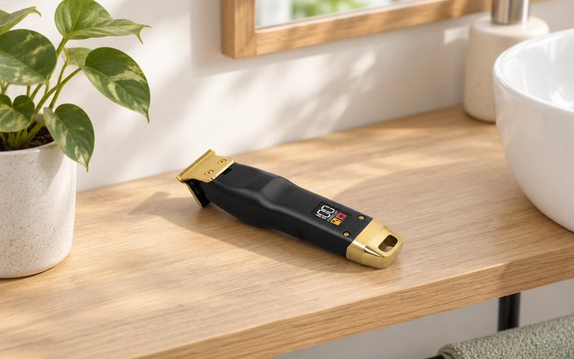 Elehomyou TF-818 beard trimmer, lying on a light wooden shelf in a bright bathroom beside a small potted plant