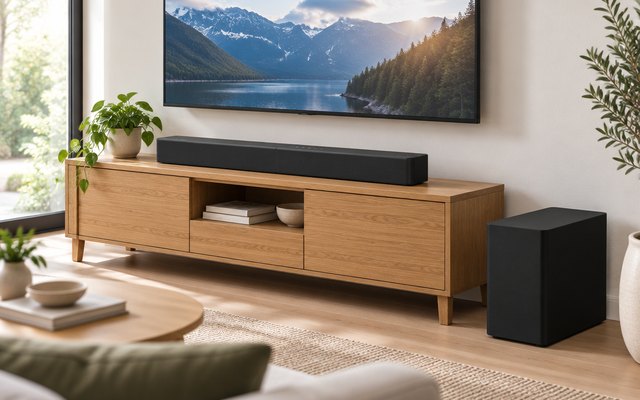ULTIMEA Poseidon M60 5.1 Soundbar with Subwoofer, soundbar on a TV stand under a wall-mounted television in a bright living room