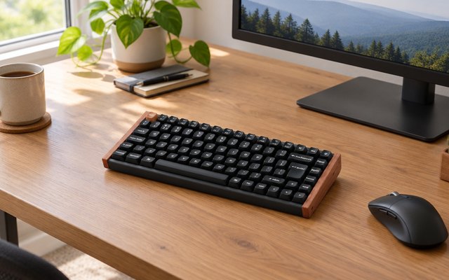 Keychron K2 HE keyboard, on a wooden desk in a home office by a window, with a monitor and a mouse