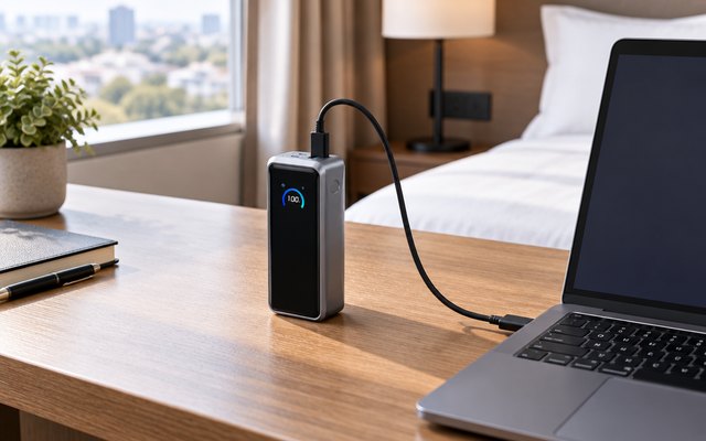 Anker Prime power bank, on a hotel-room desk, plugged by a cable into a laptop beside it