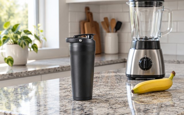 HydroJug insulated protein shaker, on a granite kitchen island beside a blender and a banana in the morning
