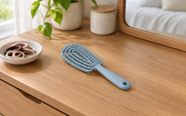 Kitsch Flexi Flow brush, on a bedroom dresser beside a small dish of hair ties