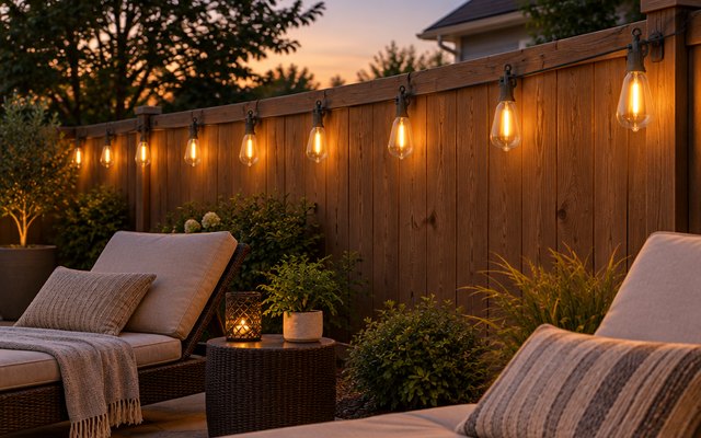 Brightown Edison string lights, draped along a wooden fence above a backyard patio with lounge chairs at dusk, glowing warmly
