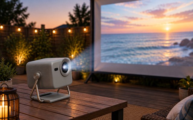 Hisense M2 Pro laser projector, on a table on a backyard deck at dusk for an outdoor movie night