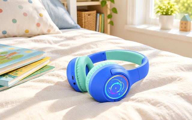 Botesty kids headphones, lying on a pale bed in a sunny child's bedroom beside a stack of picture books