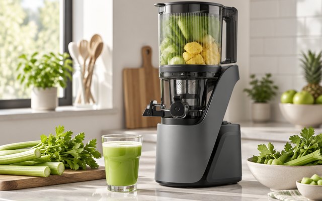 Canoly C16 3-in-1 Cold Press Juicer, cold press juicer on a light counter with celery stalks and a glass of celery juice