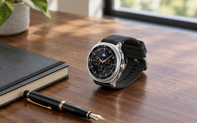 A classic silver smartwatch on a walnut desk beside a notebook