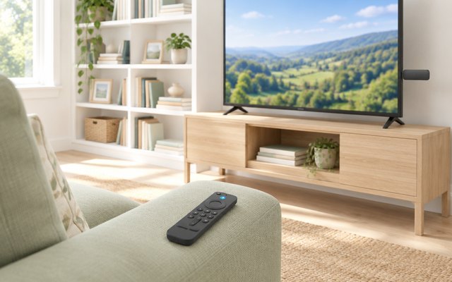 Fire TV Stick 4K Plus with its remote, in a bright den