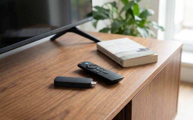 Fire TV Stick 4K Plus, a small black streaming stick and its remote on a wooden TV unit