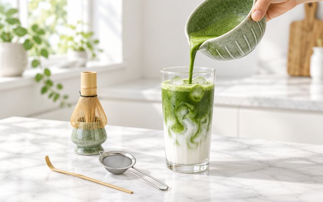 Farielyn-X matcha set, with an iced matcha latte poured from its spouted bowl