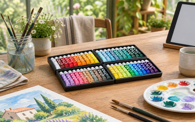 Gouache paint set, on a craft table in a garden room with brushes and a mixing palette