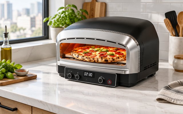 BIG HORN indoor pizza oven, on a kitchen counter in a bright apartment, a pizza baking inside