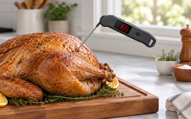 Instant-read thermometer in a roast turkey on a carving board