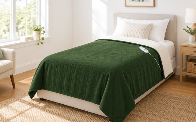 VELLUBAM heated blanket, spread over a neatly made twin bed in a bright guest room with white walls