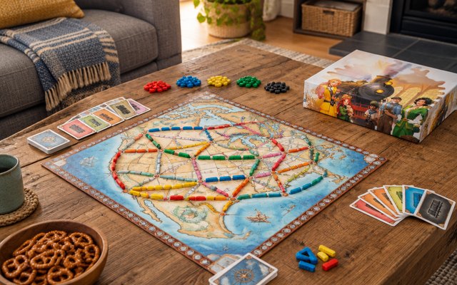 Ticket to Ride, the map board with plastic trains mid-game