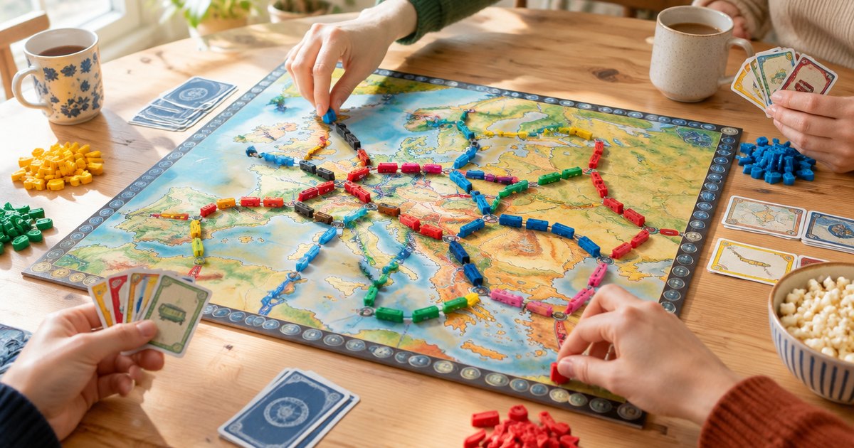 A family mid-game on a train-route map board, with cards and train pieces on a sunny dining table